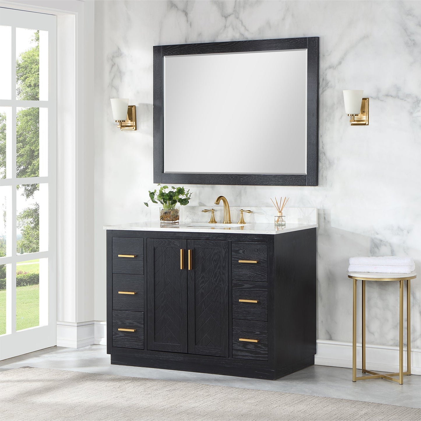 Gazsi 48" Single Bathroom Vanity Set in Black Oak with Grain White Engineered Stone Countertop with Mirror