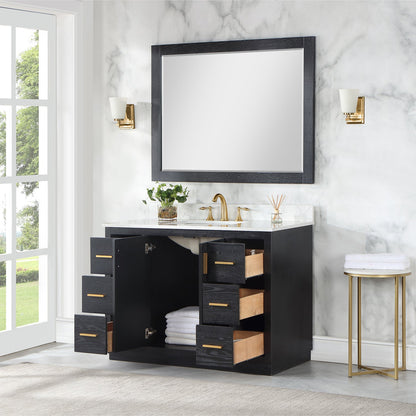 Gazsi 48" Single Bathroom Vanity Set in Black Oak with Grain White Engineered Stone Countertop with Mirror
