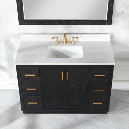 Gazsi 48" Single Bathroom Vanity Set in Black Oak with Grain White Engineered Stone Countertop with Mirror