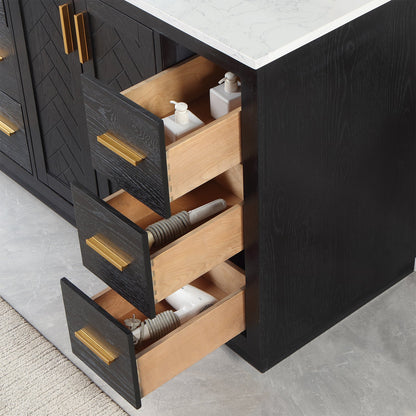 Gazsi 48" Single Bathroom Vanity Set in Black Oak with Grain White Engineered Stone Countertop with Mirror