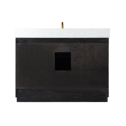 Gazsi 48" Single Bathroom Vanity Set in Black Oak with Grain White Engineered Stone Countertop with Mirror