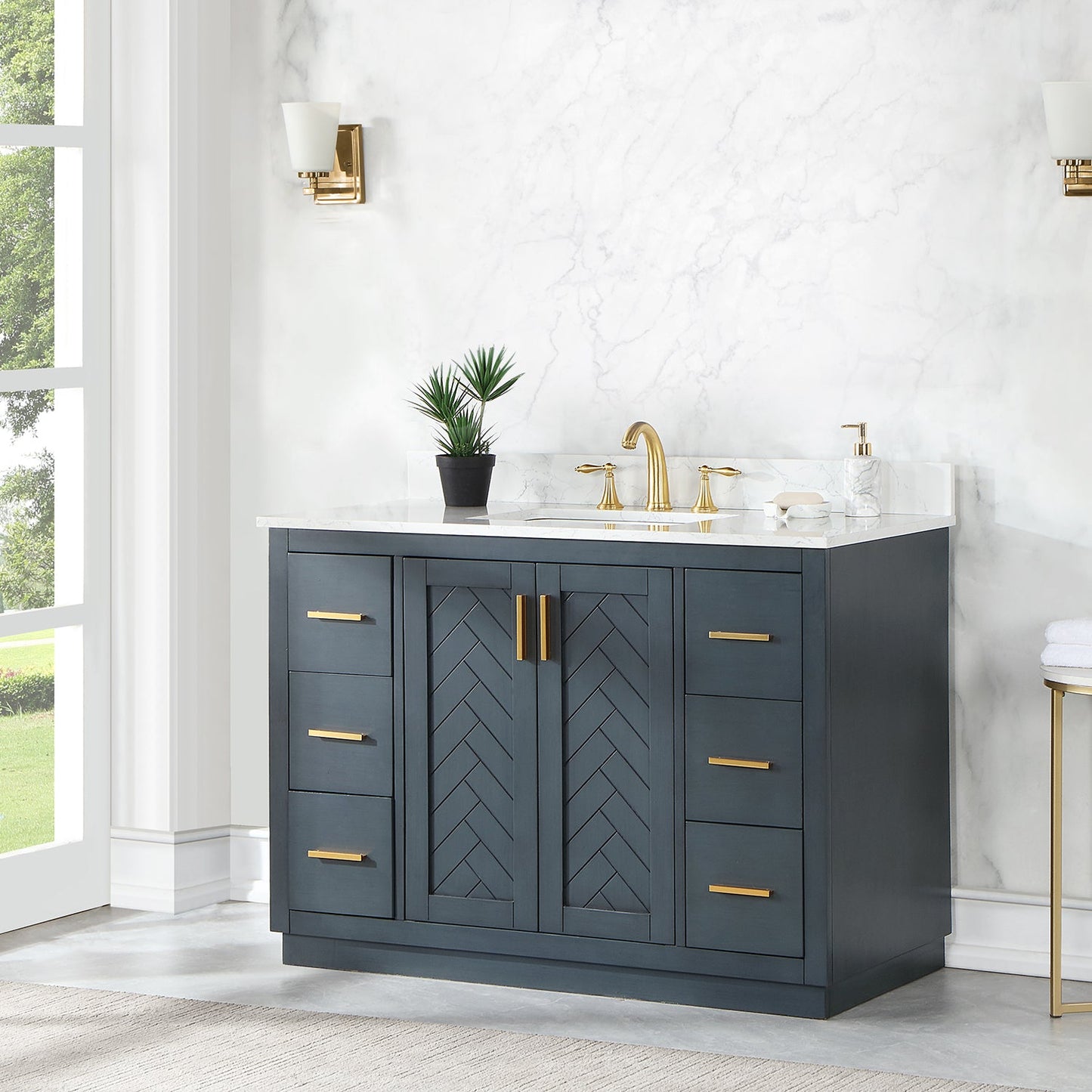 Gazsi 48" Single Bathroom Vanity Set in Classic Blue with Grain White Engineered Stone Countertop without Mirror