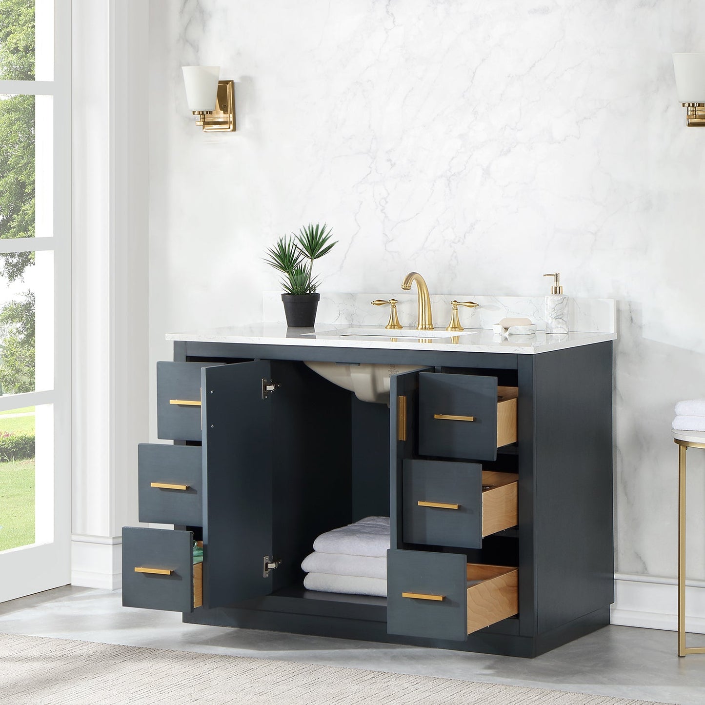Gazsi 48" Single Bathroom Vanity Set in Classic Blue with Grain White Engineered Stone Countertop without Mirror