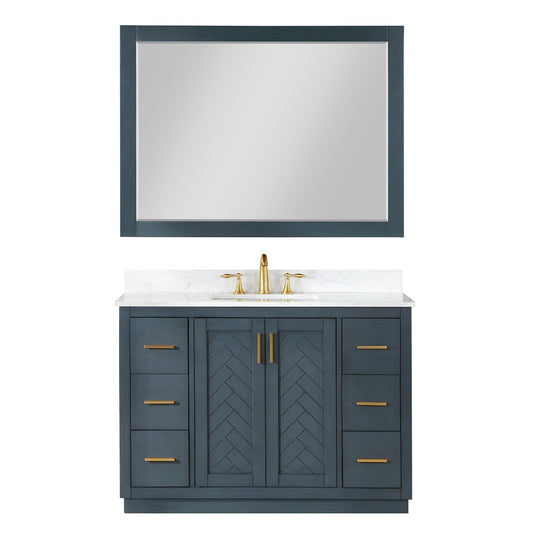 Gazsi 48" Single Bathroom Vanity Set in Classic Blue with Grain White Engineered Stone Countertop with Mirror