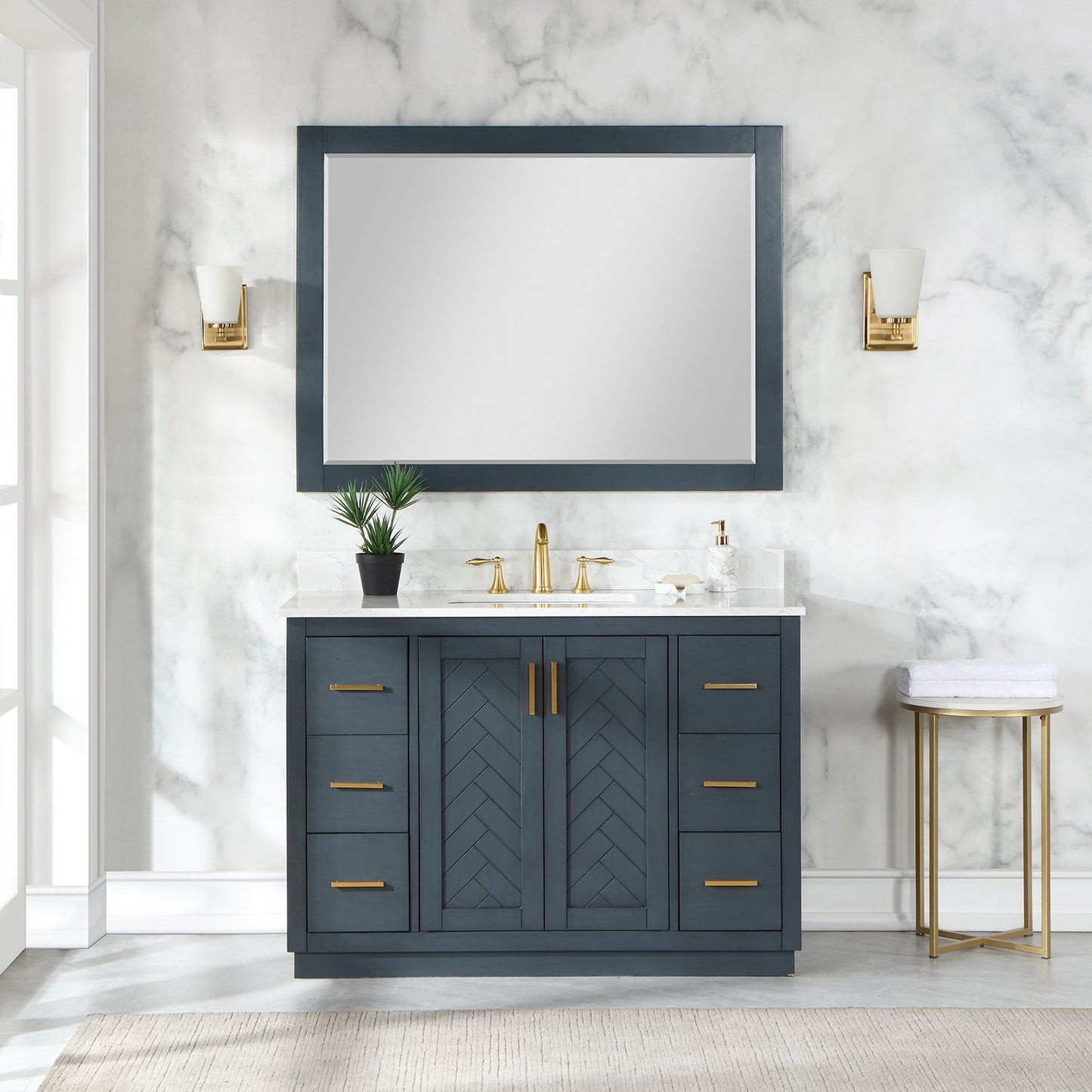 Gazsi 48" Single Bathroom Vanity Set in Classic Blue with Grain White Engineered Stone Countertop with Mirror