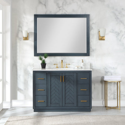 Gazsi 48" Single Bathroom Vanity Set in Classic Blue with Grain White Engineered Stone Countertop with Mirror