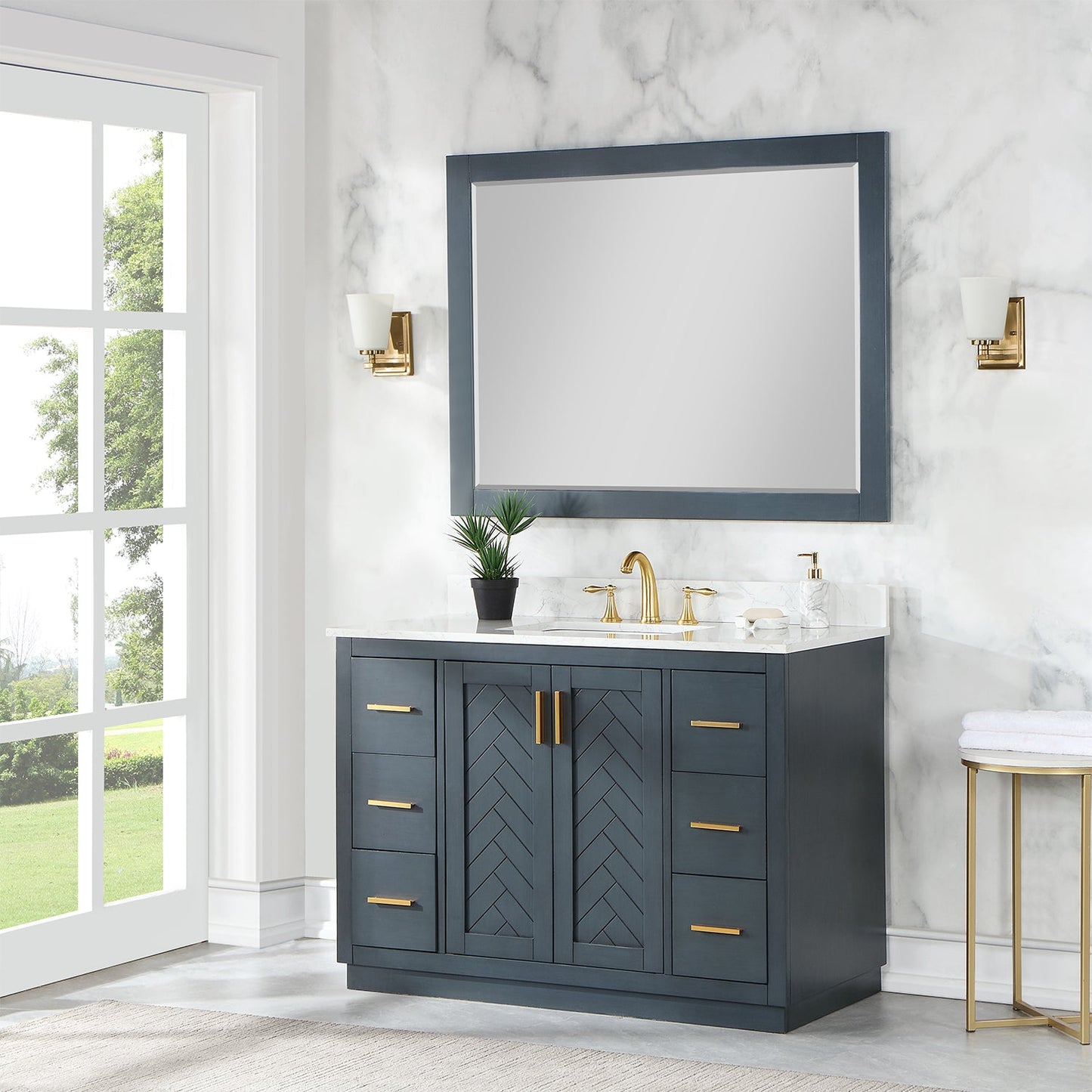 Gazsi 48" Single Bathroom Vanity Set in Classic Blue with Grain White Engineered Stone Countertop with Mirror