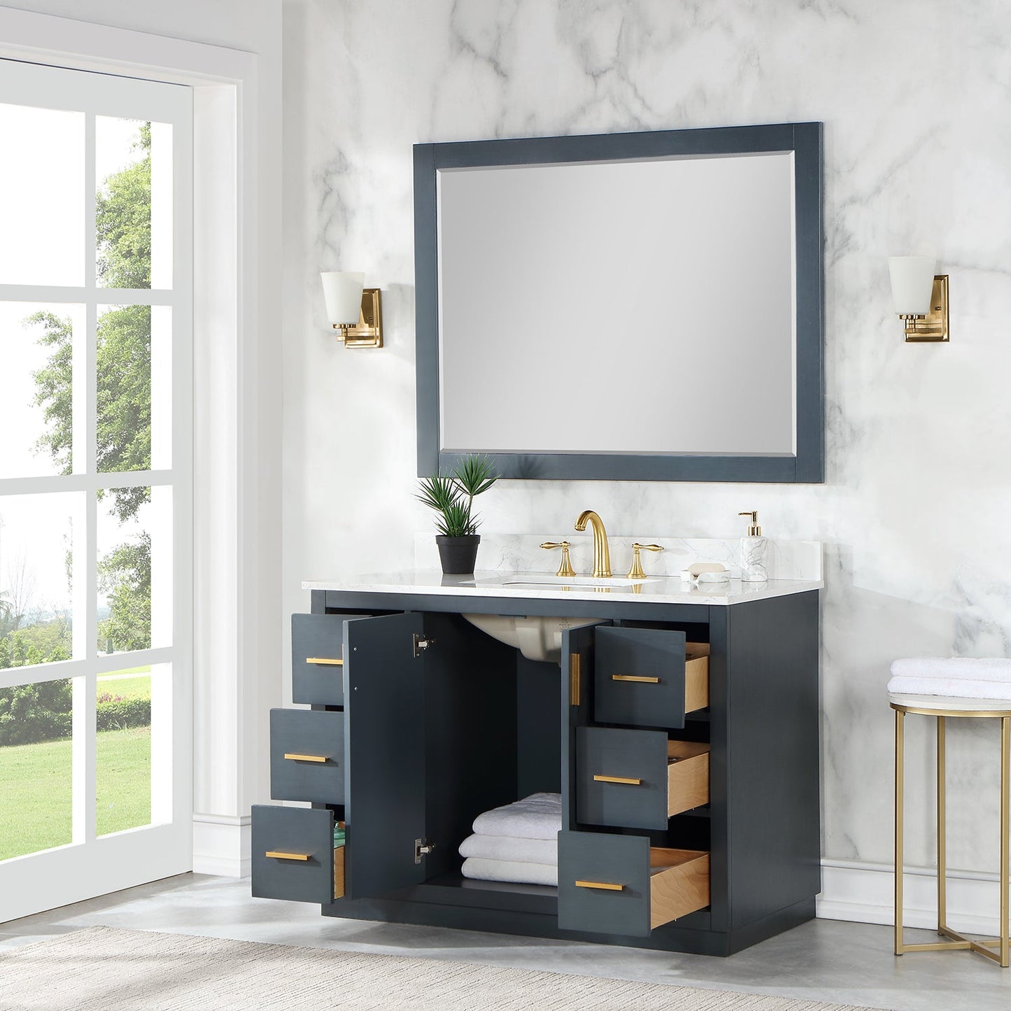 Gazsi 48" Single Bathroom Vanity Set in Classic Blue with Grain White Engineered Stone Countertop with Mirror
