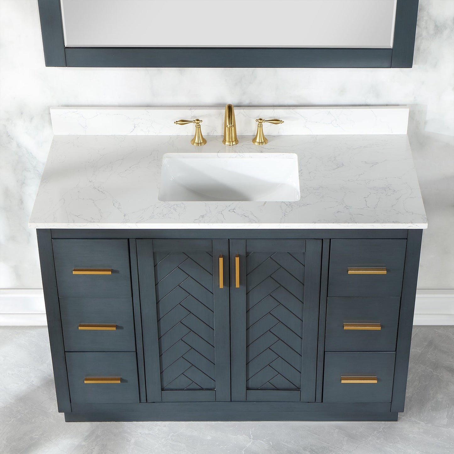 Gazsi 48" Single Bathroom Vanity Set in Classic Blue with Grain White Engineered Stone Countertop with Mirror