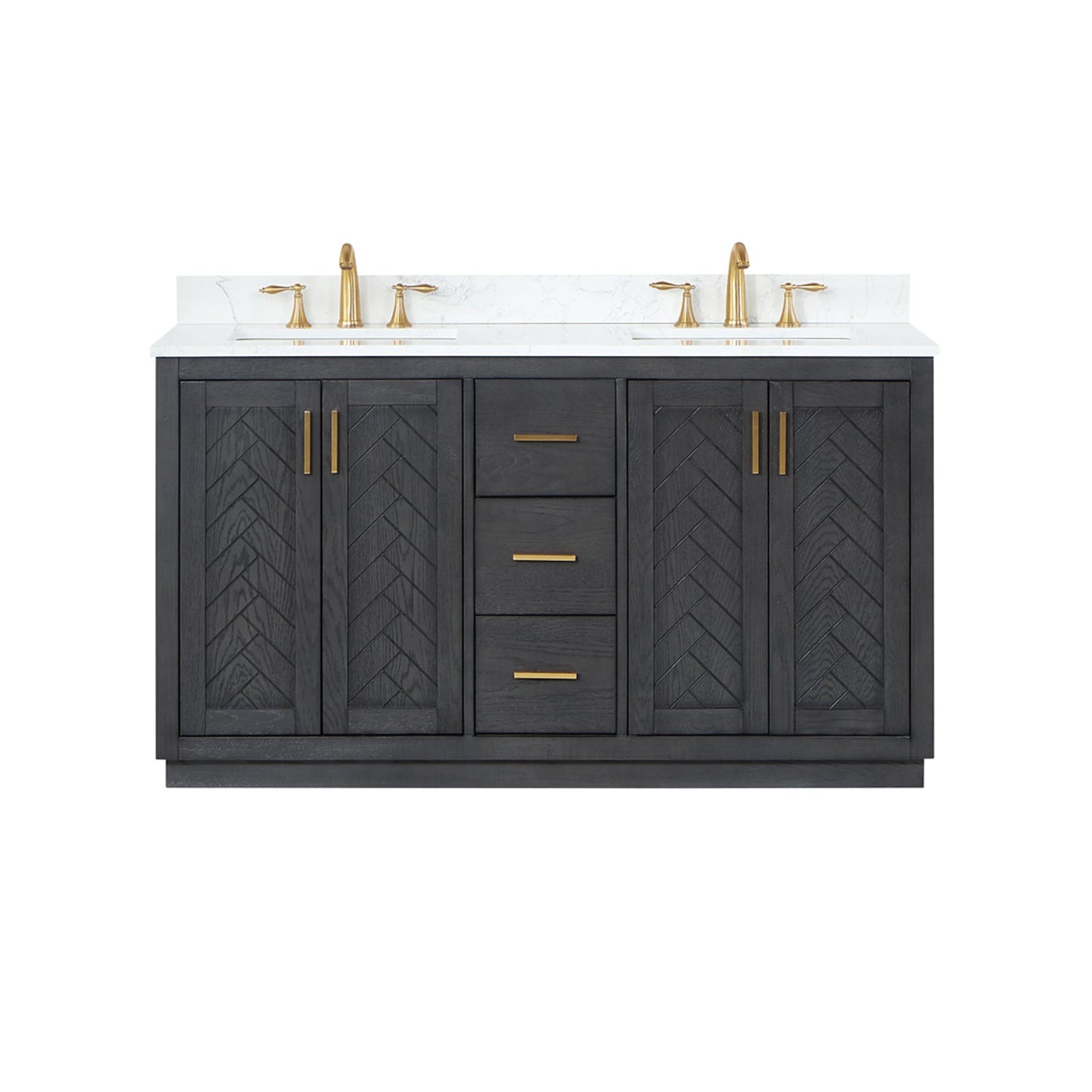 Gazsi 60" Double Bathroom Vanity Set in Brown Oak with Grain White Engineered Stone Countertop without Mirror
