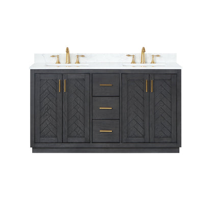Gazsi 60" Double Bathroom Vanity Set in Brown Oak with Grain White Engineered Stone Countertop without Mirror