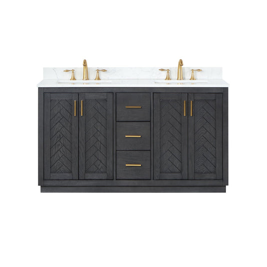 Gazsi 60" Double Bathroom Vanity Set in Brown Oak with Grain White Engineered Stone Countertop without Mirror