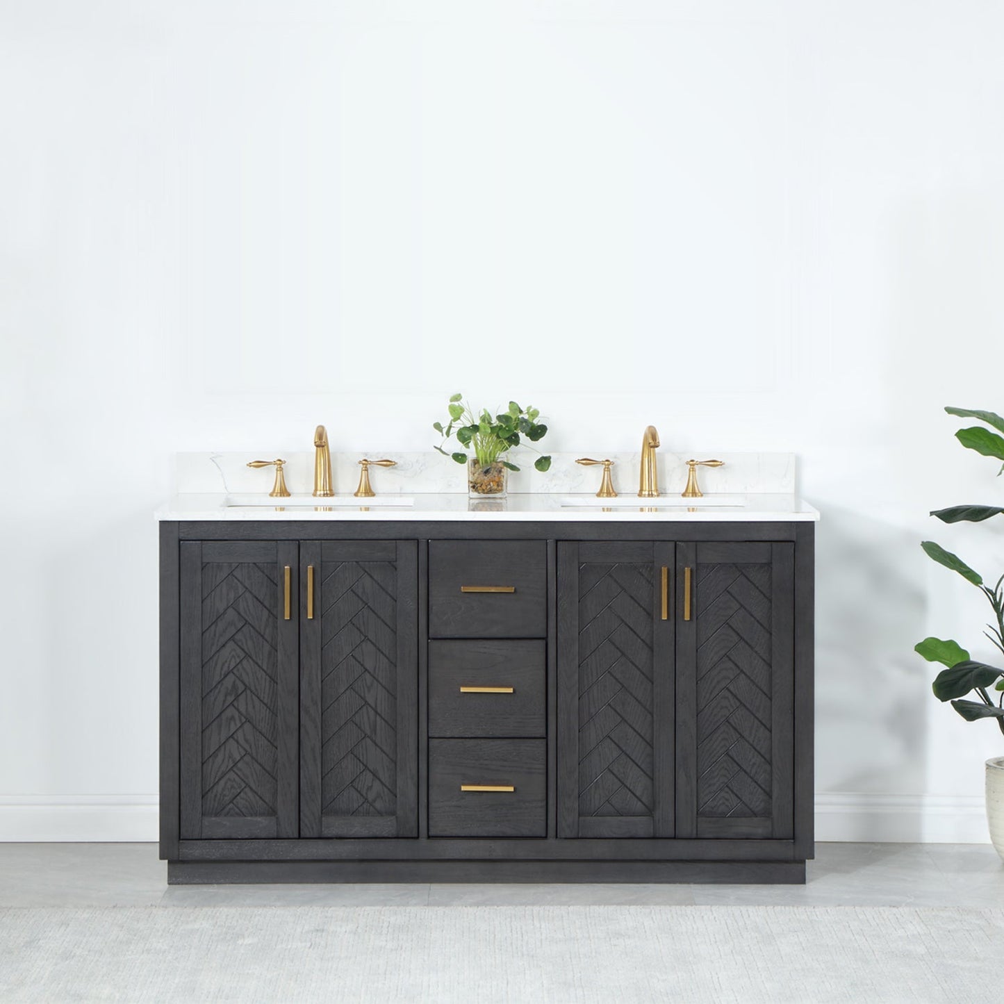 Gazsi 60" Double Bathroom Vanity Set in Brown Oak with Grain White Engineered Stone Countertop without Mirror
