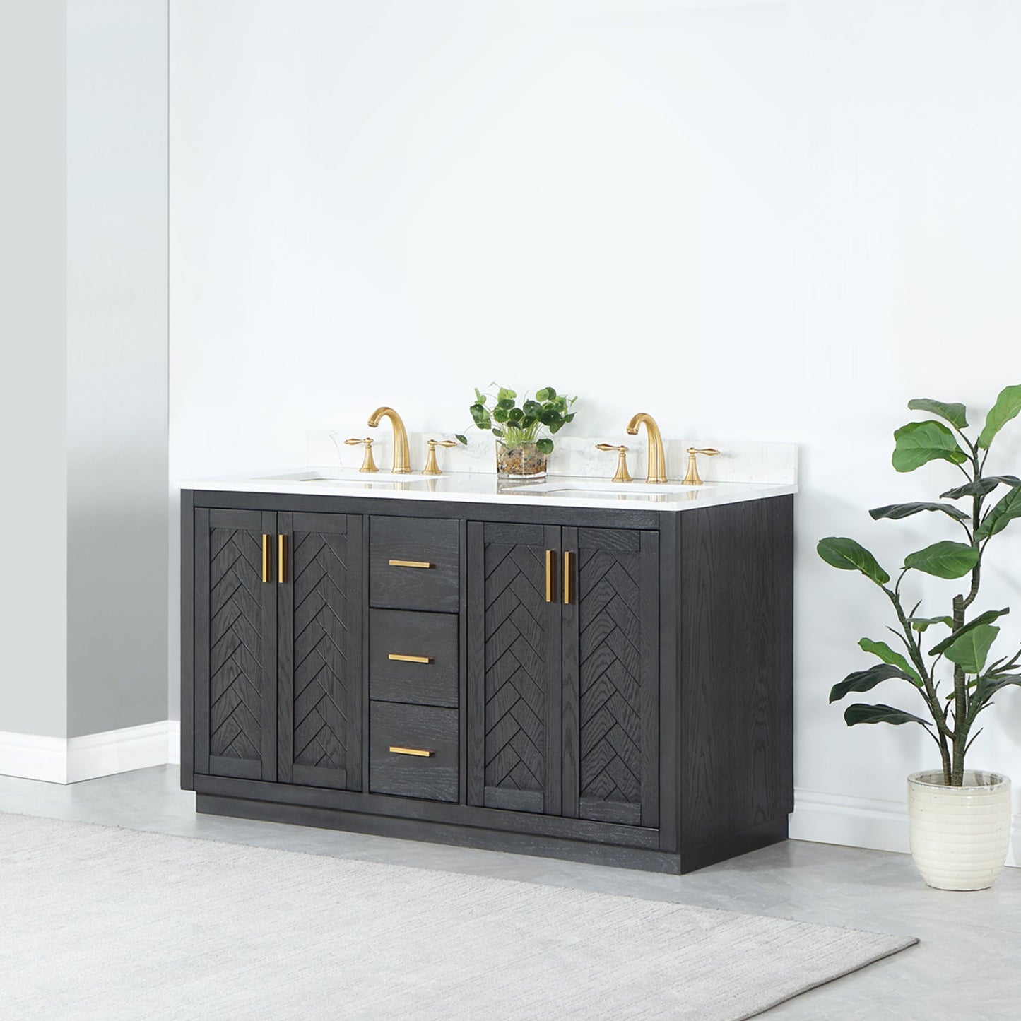 Gazsi 60" Double Bathroom Vanity Set in Brown Oak with Grain White Engineered Stone Countertop without Mirror