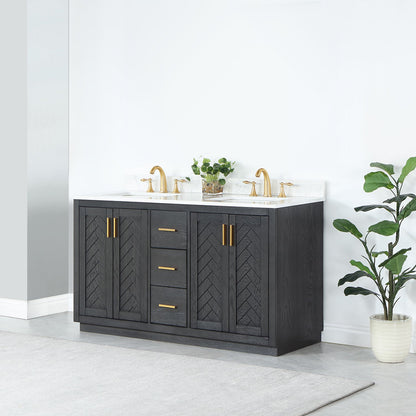 Gazsi 60" Double Bathroom Vanity Set in Brown Oak with Grain White Engineered Stone Countertop without Mirror
