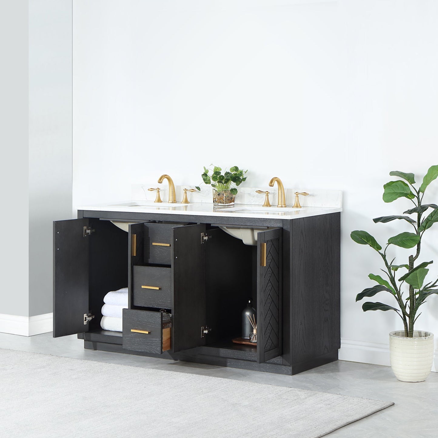 Gazsi 60" Double Bathroom Vanity Set in Brown Oak with Grain White Engineered Stone Countertop without Mirror