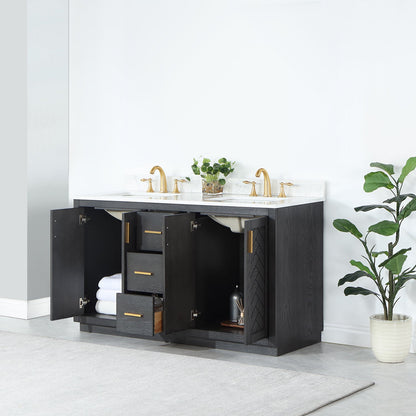 Gazsi 60" Double Bathroom Vanity Set in Brown Oak with Grain White Engineered Stone Countertop without Mirror