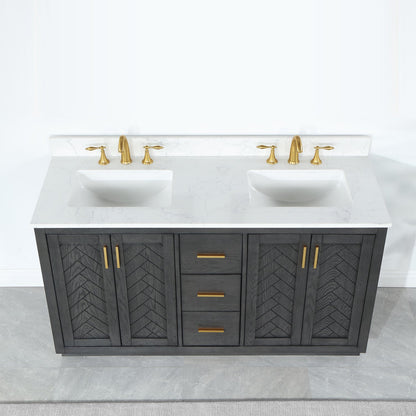 Gazsi 60" Double Bathroom Vanity Set in Brown Oak with Grain White Engineered Stone Countertop without Mirror