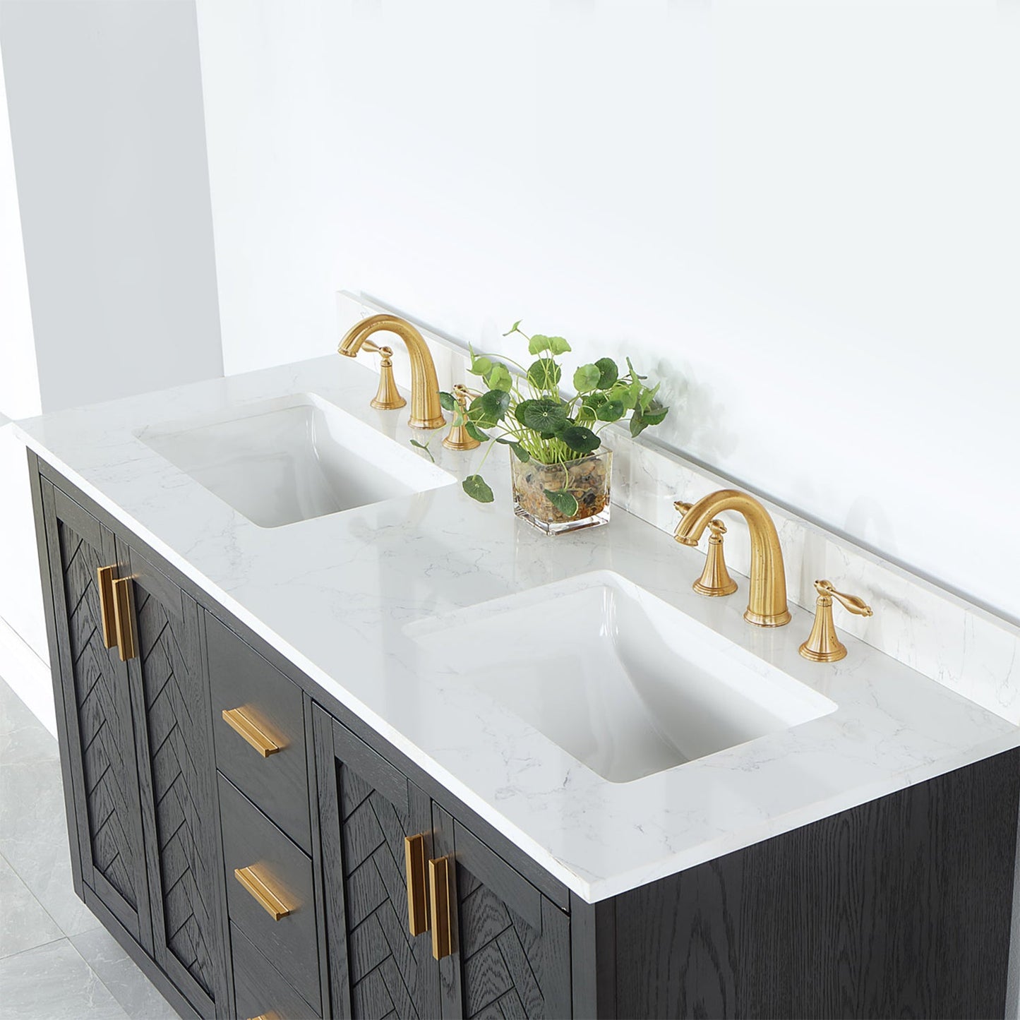 Gazsi 60" Double Bathroom Vanity Set in Brown Oak with Grain White Engineered Stone Countertop without Mirror