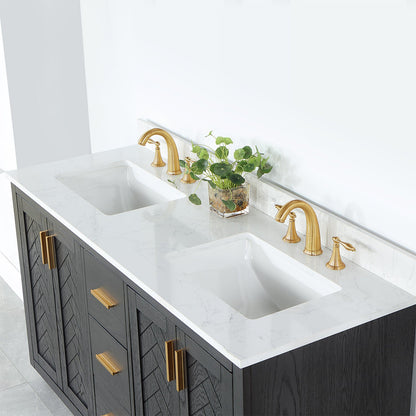 Gazsi 60" Double Bathroom Vanity Set in Brown Oak with Grain White Engineered Stone Countertop without Mirror