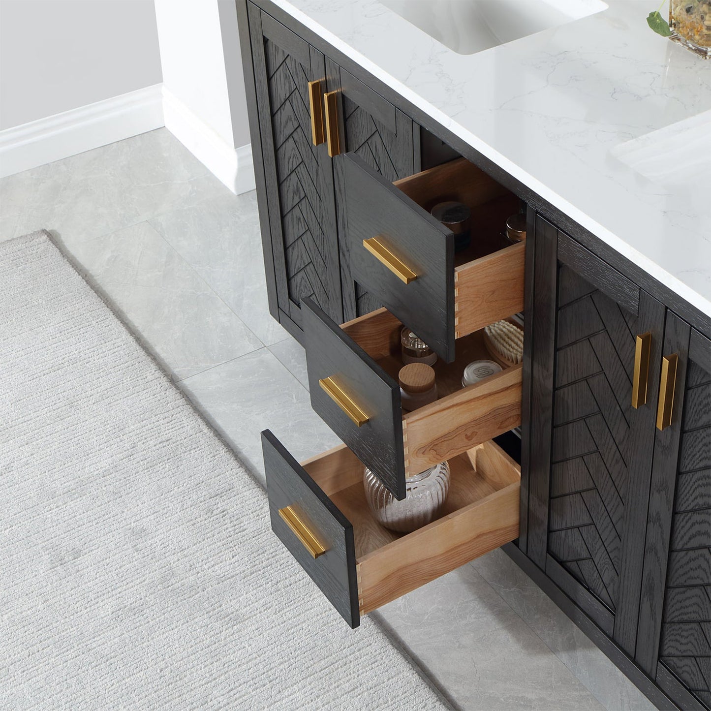 Gazsi 60" Double Bathroom Vanity Set in Brown Oak with Grain White Engineered Stone Countertop without Mirror