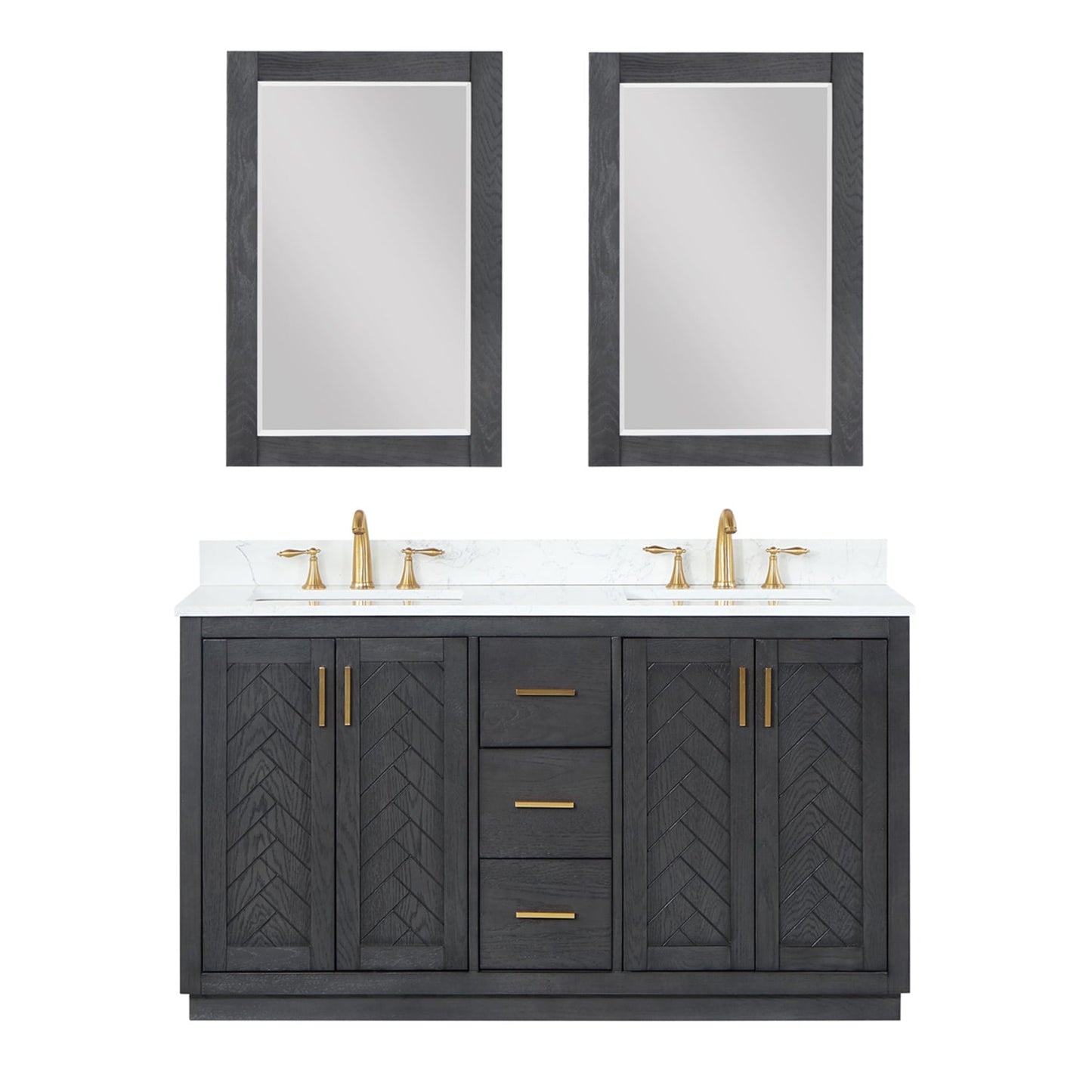 Gazsi 60" Double Bathroom Vanity Set in Brown Oak with Grain White Engineered Stone Countertop with Mirror
