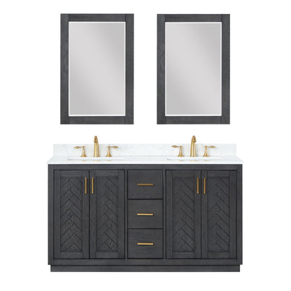 Gazsi 60" Double Bathroom Vanity Set in Brown Oak with Grain White Engineered Stone Countertop with Mirror