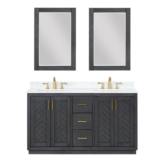 Gazsi 60" Double Bathroom Vanity Set in Brown Oak with Grain White Engineered Stone Countertop with Mirror