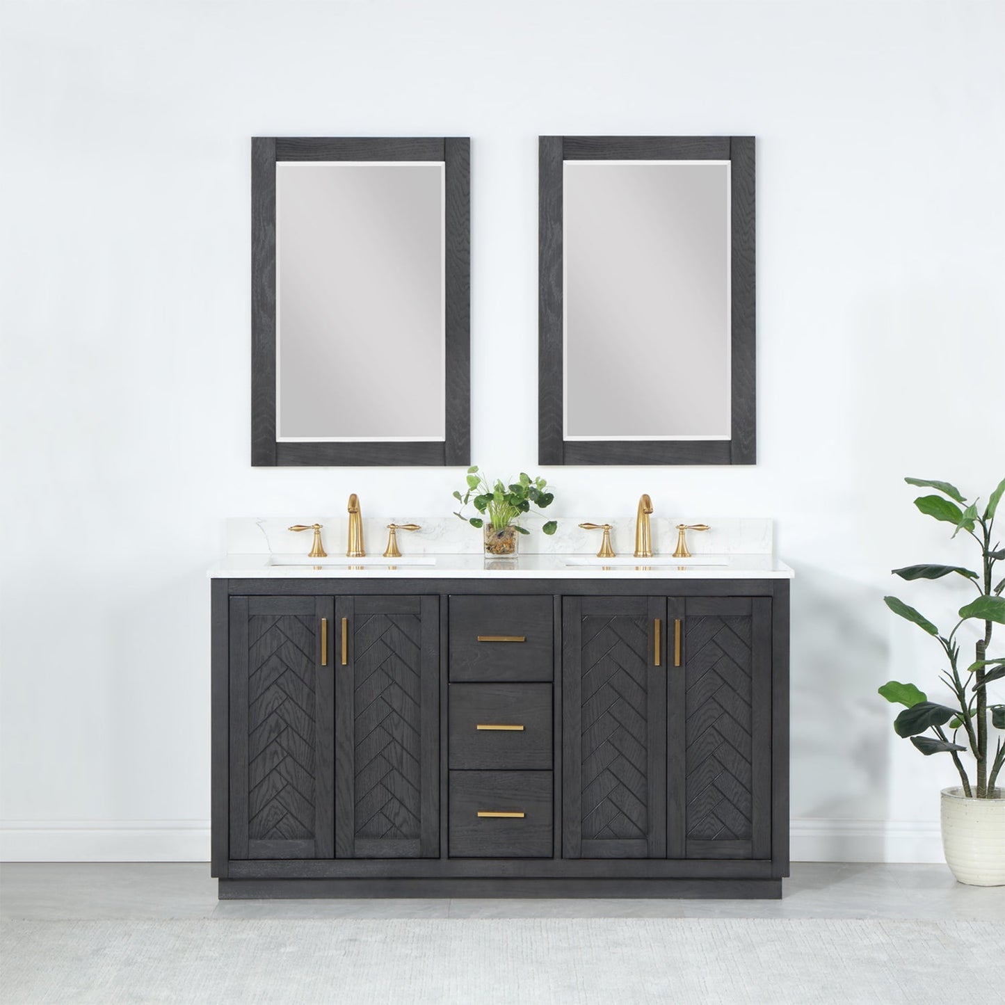 Gazsi 60" Double Bathroom Vanity Set in Brown Oak with Grain White Engineered Stone Countertop with Mirror