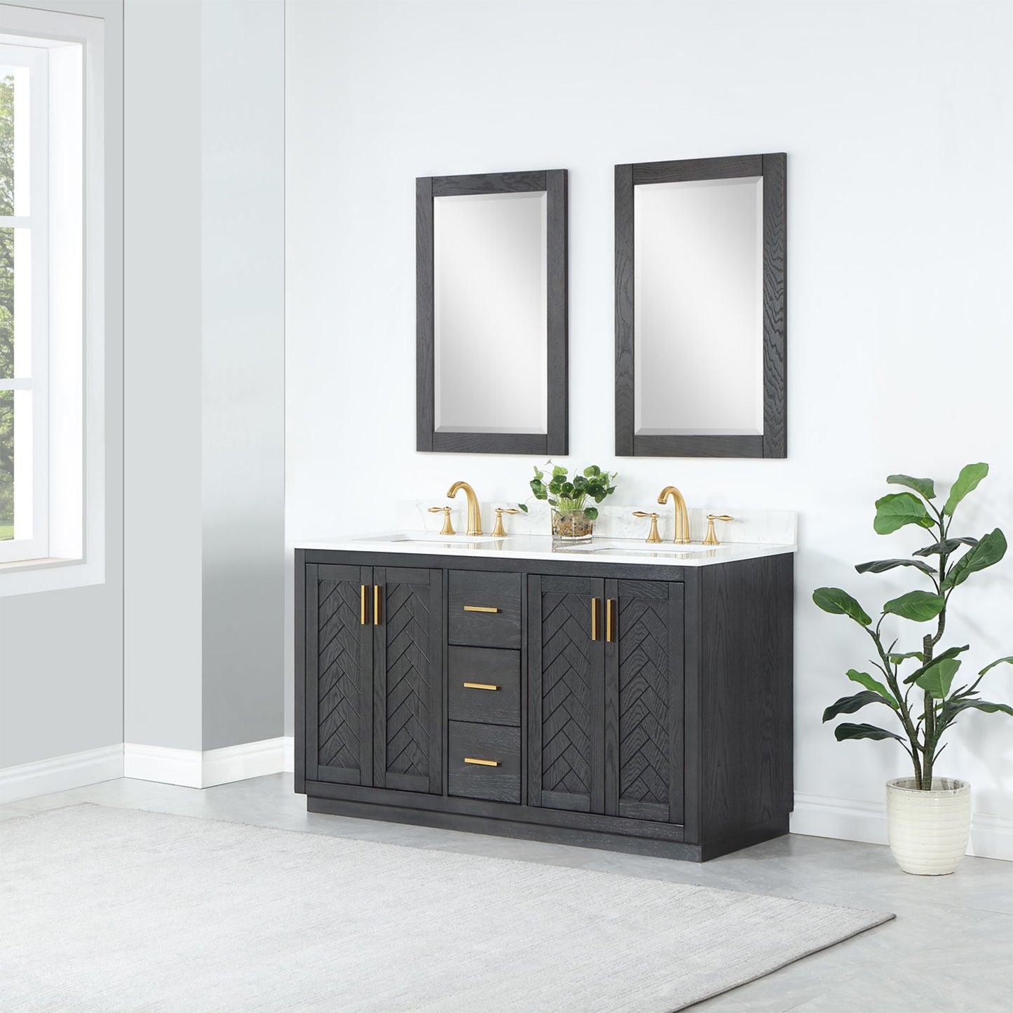 Gazsi 60" Double Bathroom Vanity Set in Brown Oak with Grain White Engineered Stone Countertop with Mirror