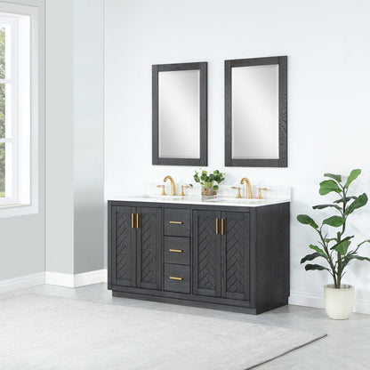 Gazsi 60" Double Bathroom Vanity Set in Brown Oak with Grain White Engineered Stone Countertop with Mirror
