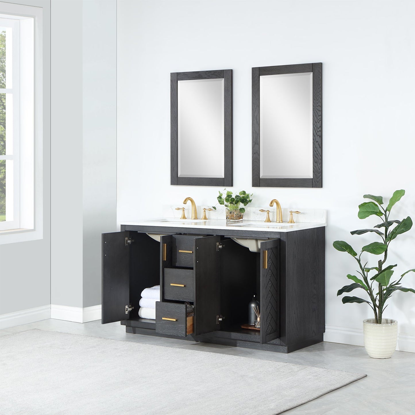 Gazsi 60" Double Bathroom Vanity Set in Brown Oak with Grain White Engineered Stone Countertop with Mirror