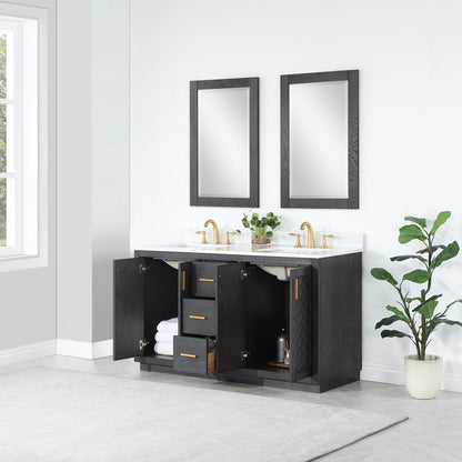 Gazsi 60" Double Bathroom Vanity Set in Brown Oak with Grain White Engineered Stone Countertop with Mirror