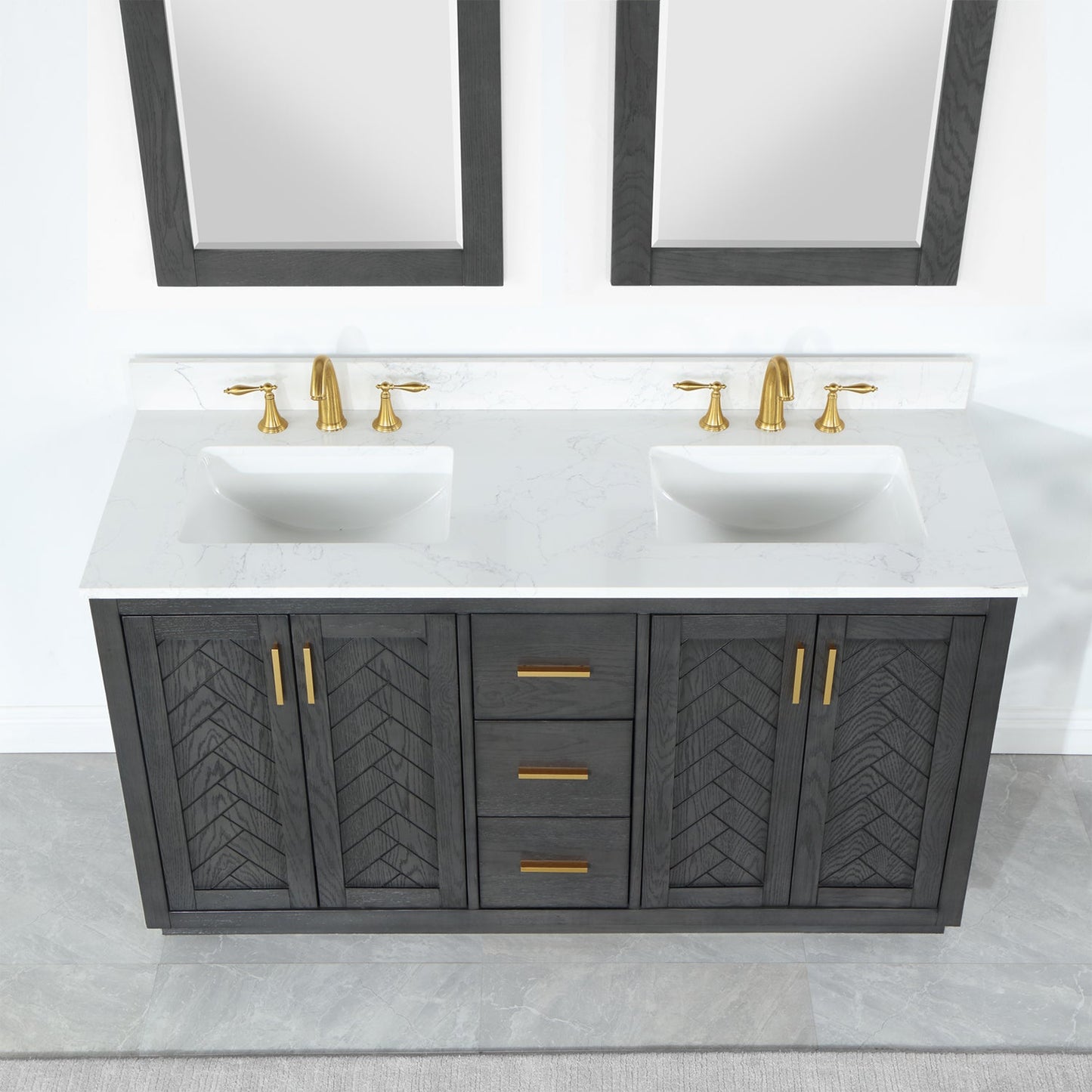 Gazsi 60" Double Bathroom Vanity Set in Brown Oak with Grain White Engineered Stone Countertop with Mirror