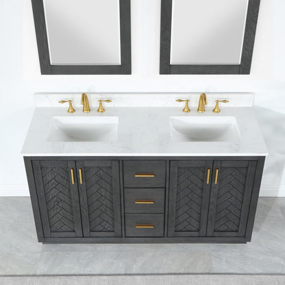 Gazsi 60" Double Bathroom Vanity Set in Brown Oak with Grain White Engineered Stone Countertop with Mirror