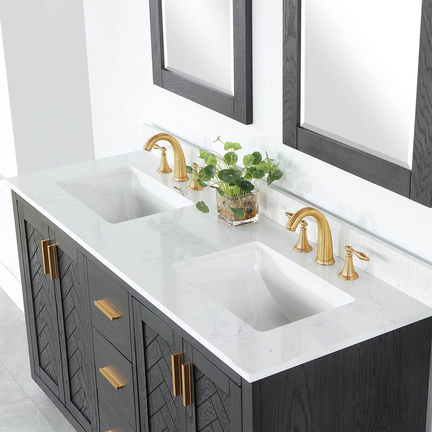 Gazsi 60" Double Bathroom Vanity Set in Brown Oak with Grain White Engineered Stone Countertop with Mirror