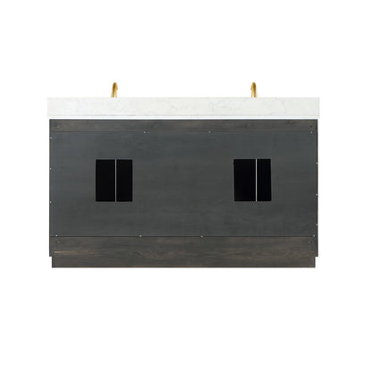 Gazsi 60" Double Bathroom Vanity Set in Brown Oak with Grain White Engineered Stone Countertop with Mirror