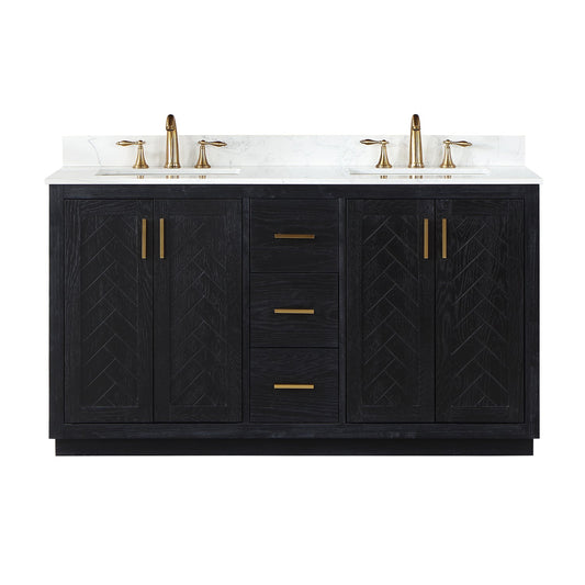 Gazsi 60" Double Bathroom Vanity Set in Black Oak with Grain White Engineered Stone Countertop without Mirror