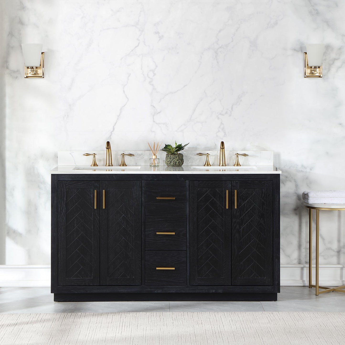 Gazsi 60" Double Bathroom Vanity Set in Black Oak with Grain White Engineered Stone Countertop without Mirror