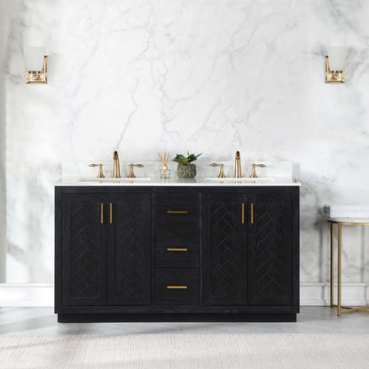Gazsi 60" Double Bathroom Vanity Set in Black Oak with Grain White Engineered Stone Countertop without Mirror