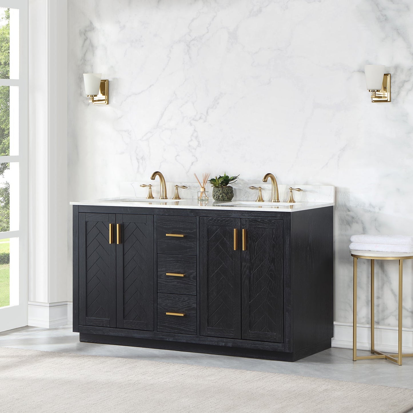 Gazsi 60" Double Bathroom Vanity Set in Black Oak with Grain White Engineered Stone Countertop without Mirror