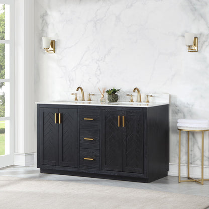 Gazsi 60" Double Bathroom Vanity Set in Black Oak with Grain White Engineered Stone Countertop without Mirror
