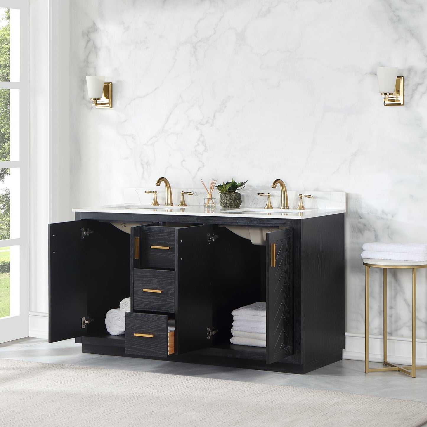 Gazsi 60" Double Bathroom Vanity Set in Black Oak with Grain White Engineered Stone Countertop without Mirror
