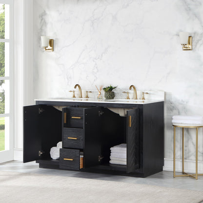 Gazsi 60" Double Bathroom Vanity Set in Black Oak with Grain White Engineered Stone Countertop without Mirror