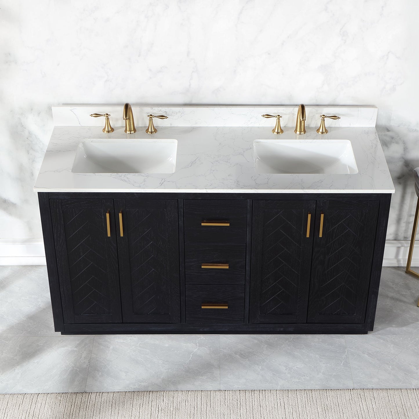 Gazsi 60" Double Bathroom Vanity Set in Black Oak with Grain White Engineered Stone Countertop without Mirror