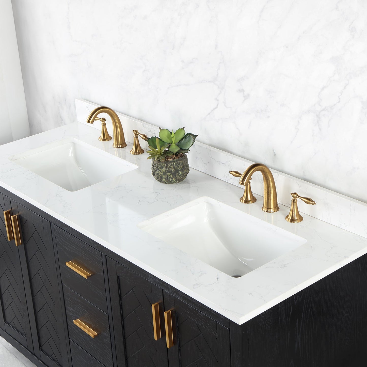 Gazsi 60" Double Bathroom Vanity Set in Black Oak with Grain White Engineered Stone Countertop without Mirror