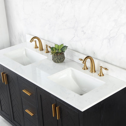 Gazsi 60" Double Bathroom Vanity Set in Black Oak with Grain White Engineered Stone Countertop without Mirror