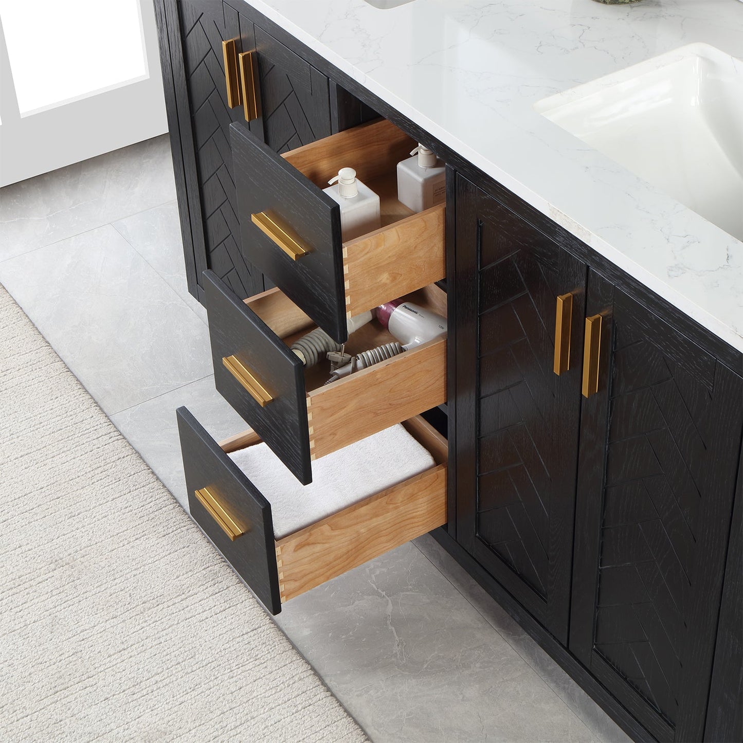 Gazsi 60" Double Bathroom Vanity Set in Black Oak with Grain White Engineered Stone Countertop without Mirror