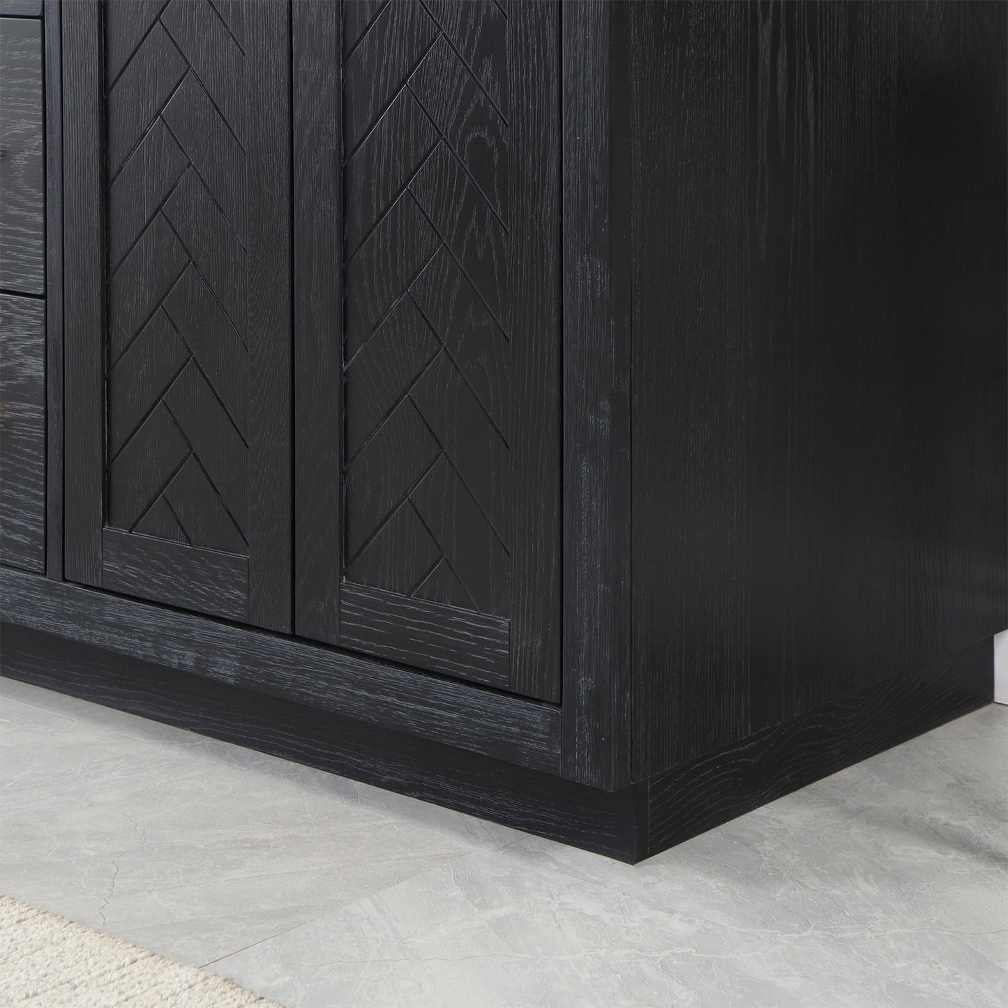 Gazsi 60" Double Bathroom Vanity Set in Black Oak with Grain White Engineered Stone Countertop without Mirror