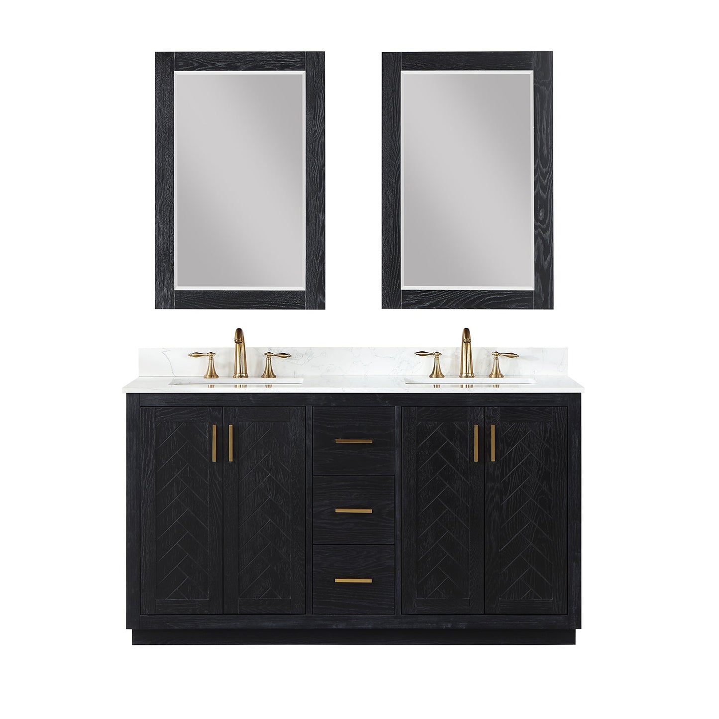 Gazsi 60" Double Bathroom Vanity Set in Black Oak with Grain White Engineered Stone Countertop with Mirror